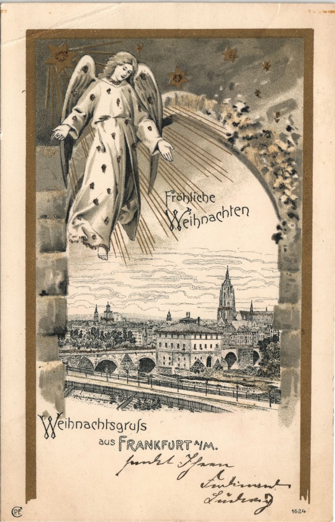 vintage Postcard from 1900: Stadt Panorama-Ansicht auf Grußkarte Weihnachten (Christmas):: Frankfurt am Main