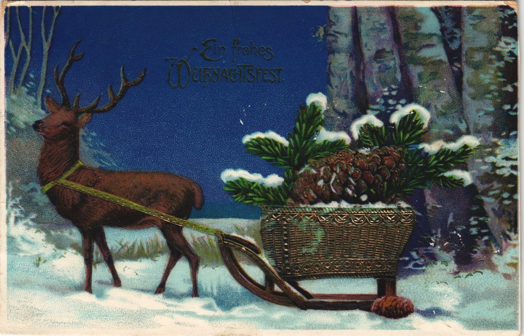 vintage Postcard from 1910: Prägekarte: Hisch zieht Schlitten mit Tannenzapfen:: 