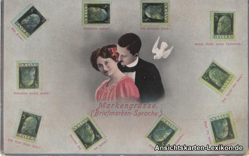 vintage Postcard from 1905: Markengrüße (Briefmarken-Sprache):: 