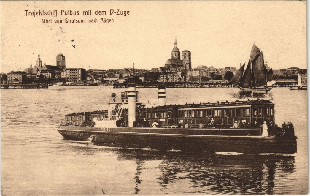 vintage Postcard from 1914: Trajektschiff Putbus mit D-Zuge Linie Stralsund nach Rügen:: Stralsund