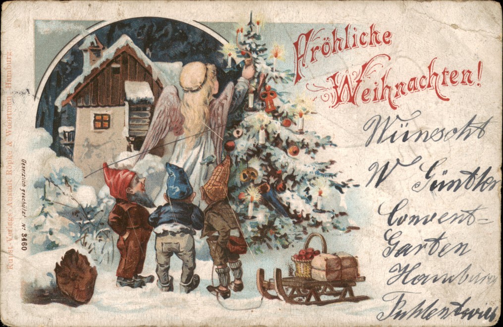 vintage Postcard from 1899: Weihnachten Grusskarte Christmas Zwerge & Engel am Tannenbaum:: 