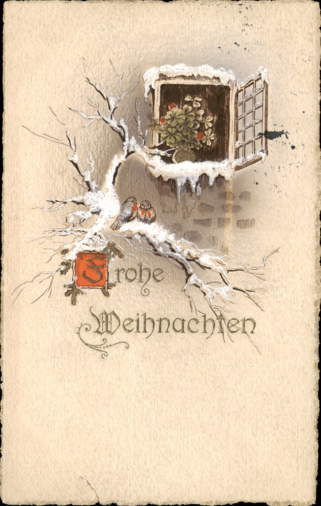 vintage Postcard from 1912: Weihnachten - Christmas Vögel auf Winterzweig, Kleeblätter:: 