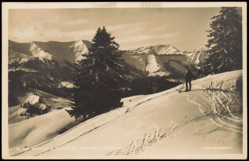 vintage Postcard from 1933: Aussicht zum Freschen Skifahrer:: Dornbirn