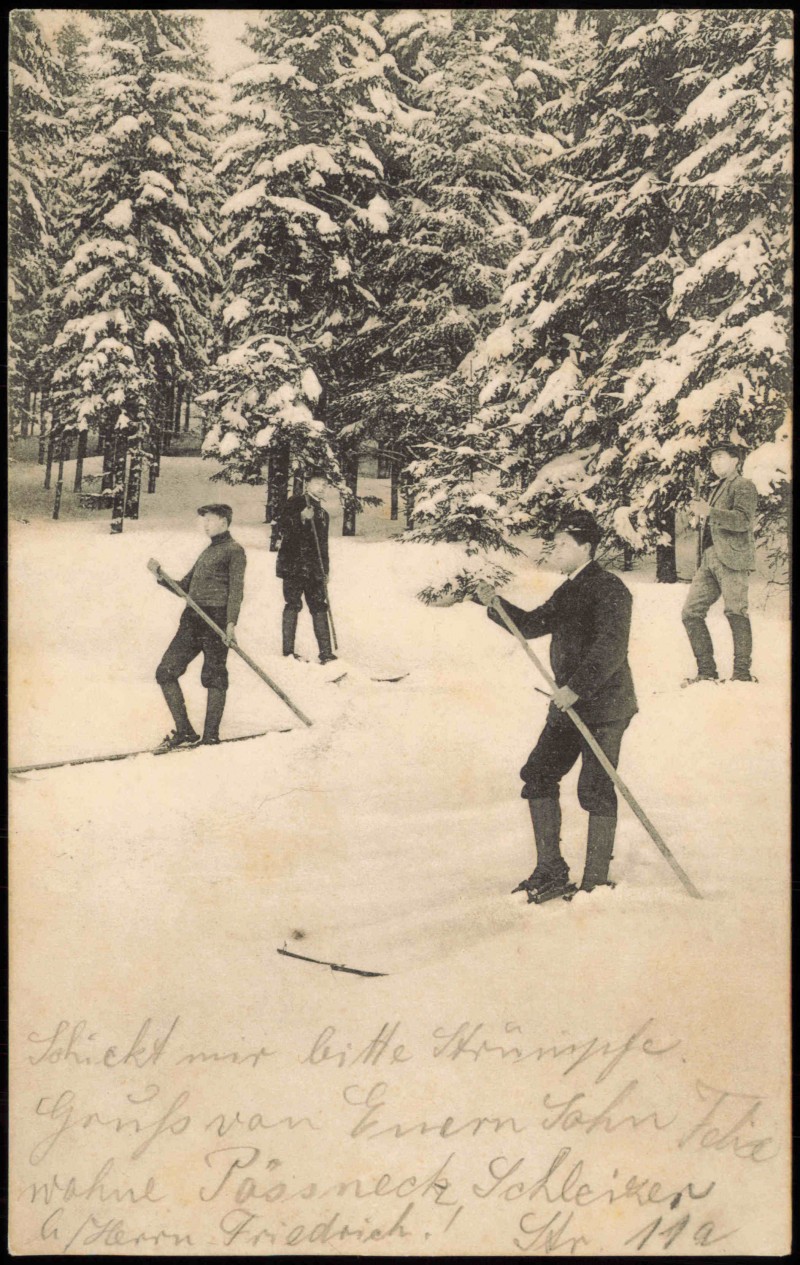 vintage Postcard from 1908: Stimmungsbild Winter Frühe Ski-Fahrer Aufnahme (vermtl. Thüringer Wald):: 