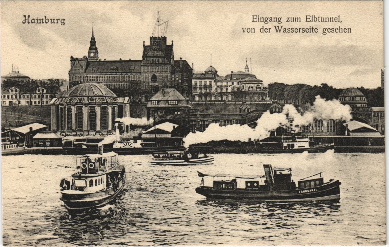 vintage Postcard from 1913: Eingang zum Elbtunnel, von der Wasserseite gesehen Dampfer:: St. Pauli-Hamburg