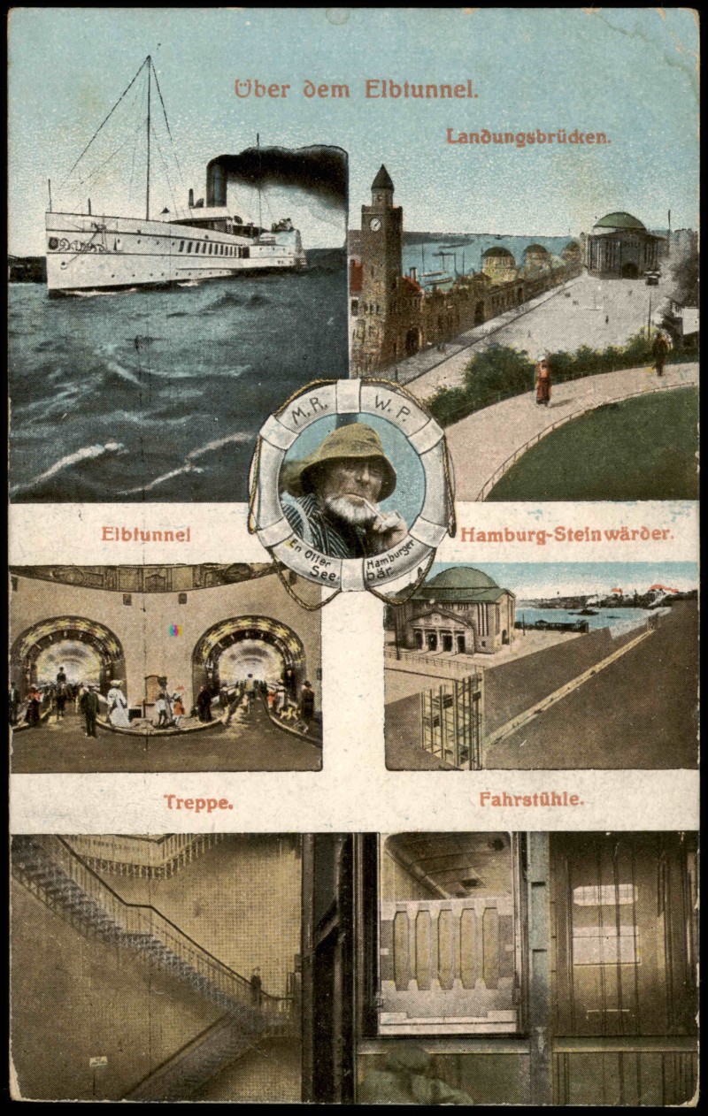 vintage Postcard from 1913: Elbtunnel, Landungsbrücken, Fahrstuhl, Dampfer:: St. Pauli-Hamburg