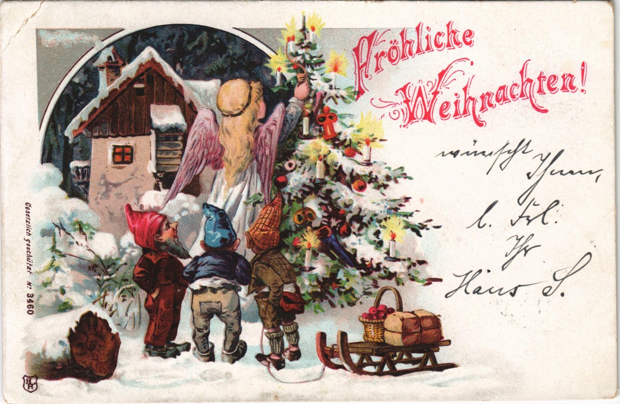 vintage Postcard from 1898: Weihnachten - Christmas - Zwerge und Engel schmücken den Baum:: 
