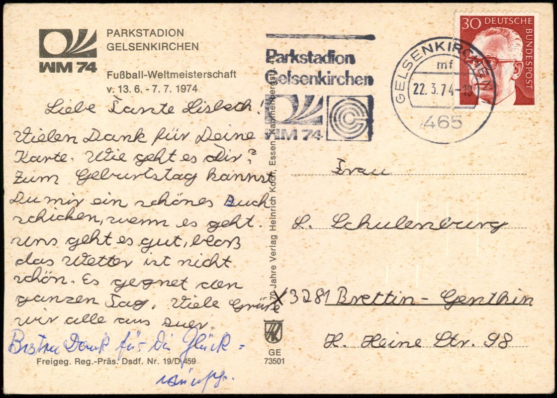 Ticket Ancien Match Allemagne Vs France - Gelsenkirchen 1973 (Souvenir Foot)