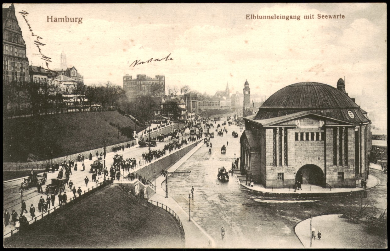 vintage Postcard from 1913: Elbtunneleingang mit Seewarte, Straße:: St. Pauli-Hamburg