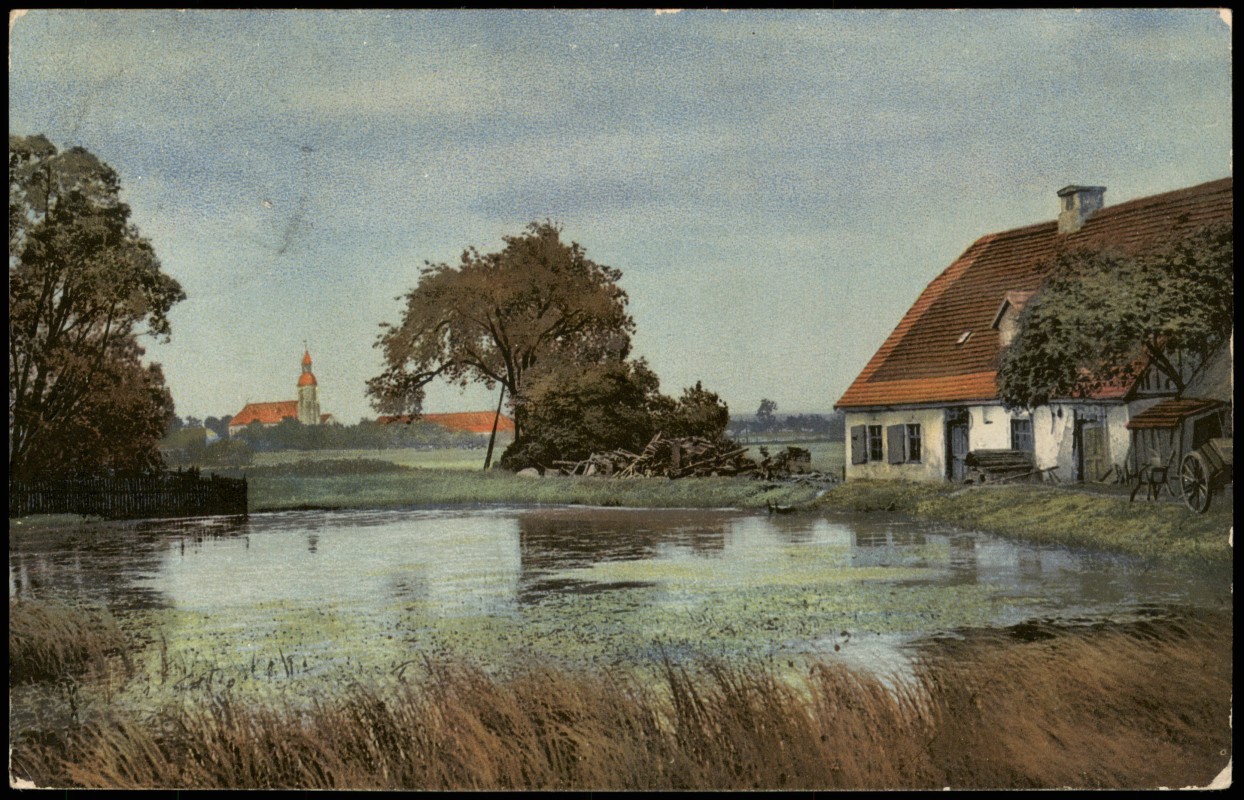 vintage Postcard from 1909: Stimmungsbild Natur Dorfidylle mit Teich:: 