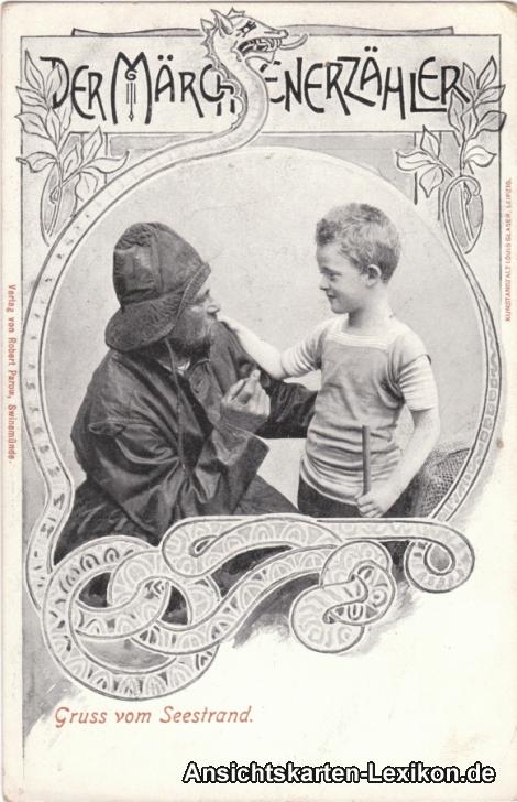 vintage Postcard from 1904: Der Märchenerzähler, Gruss vom Seestrand, Schlange, Seemansgarn:: .Mecklenburg-Vorpommern