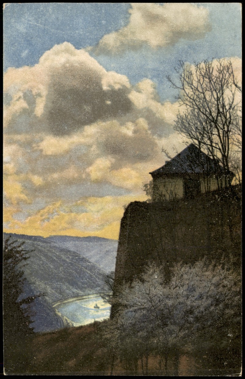 vintage Postcard from 1910: Stimmungsbild Natur Tal mit Fluss (eventuell Rhein):: 
