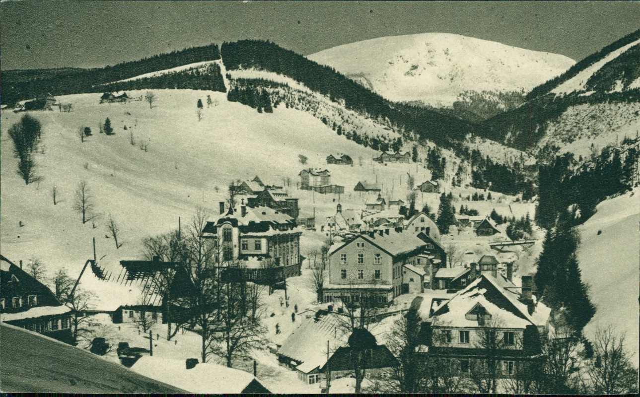 vintage Postcard from 1950: Winter mit Schnee Riesengebirge (Krkonoše):: Pec pod Sněžkou