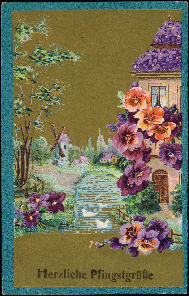 vintage Postcard from 1913: Herzliche Pfingstgrüße Pfingsten Feilchen Windmühle Gold:: 