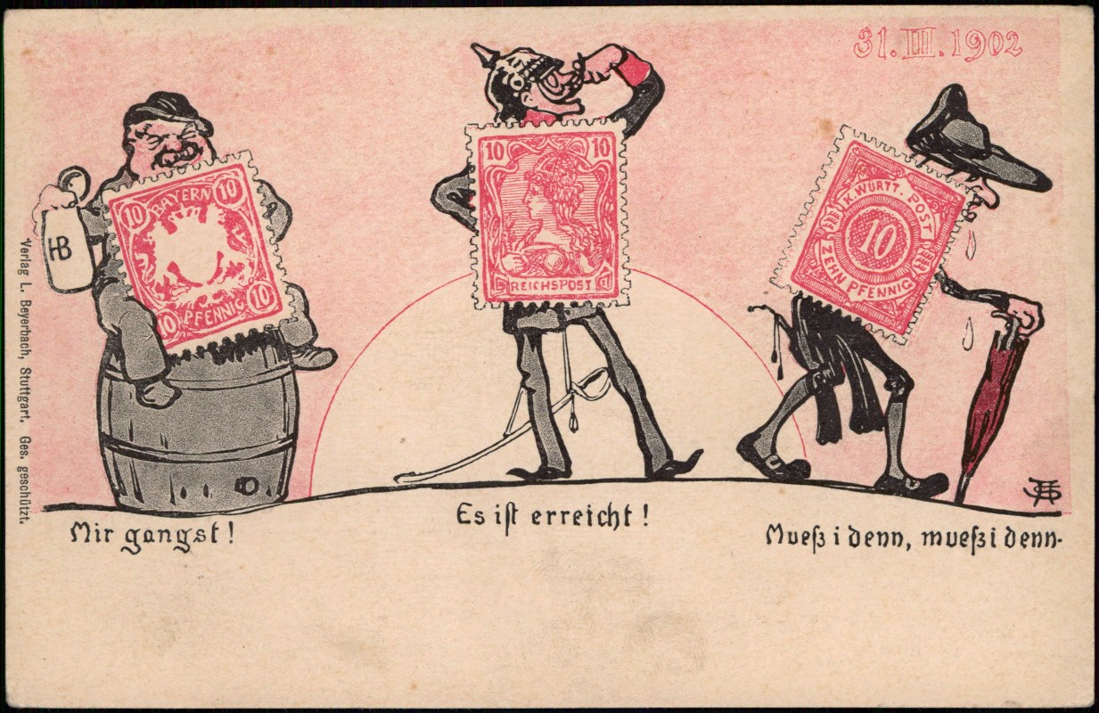 vintage Postcard from 1902: Briefmarken-Ansichtskarte Deutsches Reich Württemberg Bayern:: 
