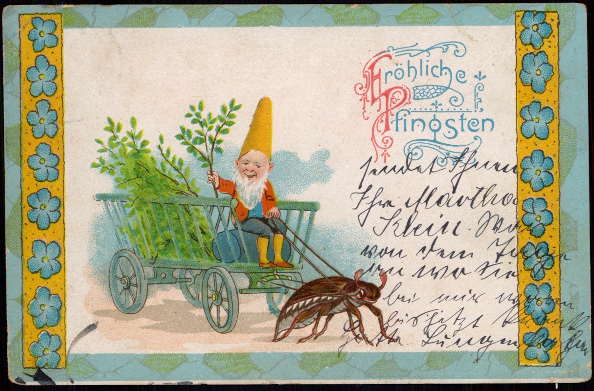 vintage Postcard from 1900: Glückwunsch Pfingsten: Maikäfer zieht Zwerg Kobold im Bollerwagen:: 