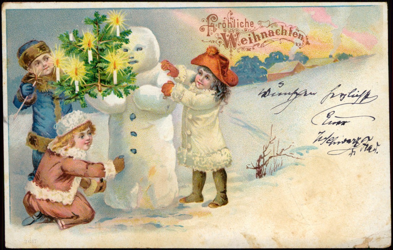 vintage Postcard from 1901: Weihnachten Christmas, Kinder mit Schneemann:: 