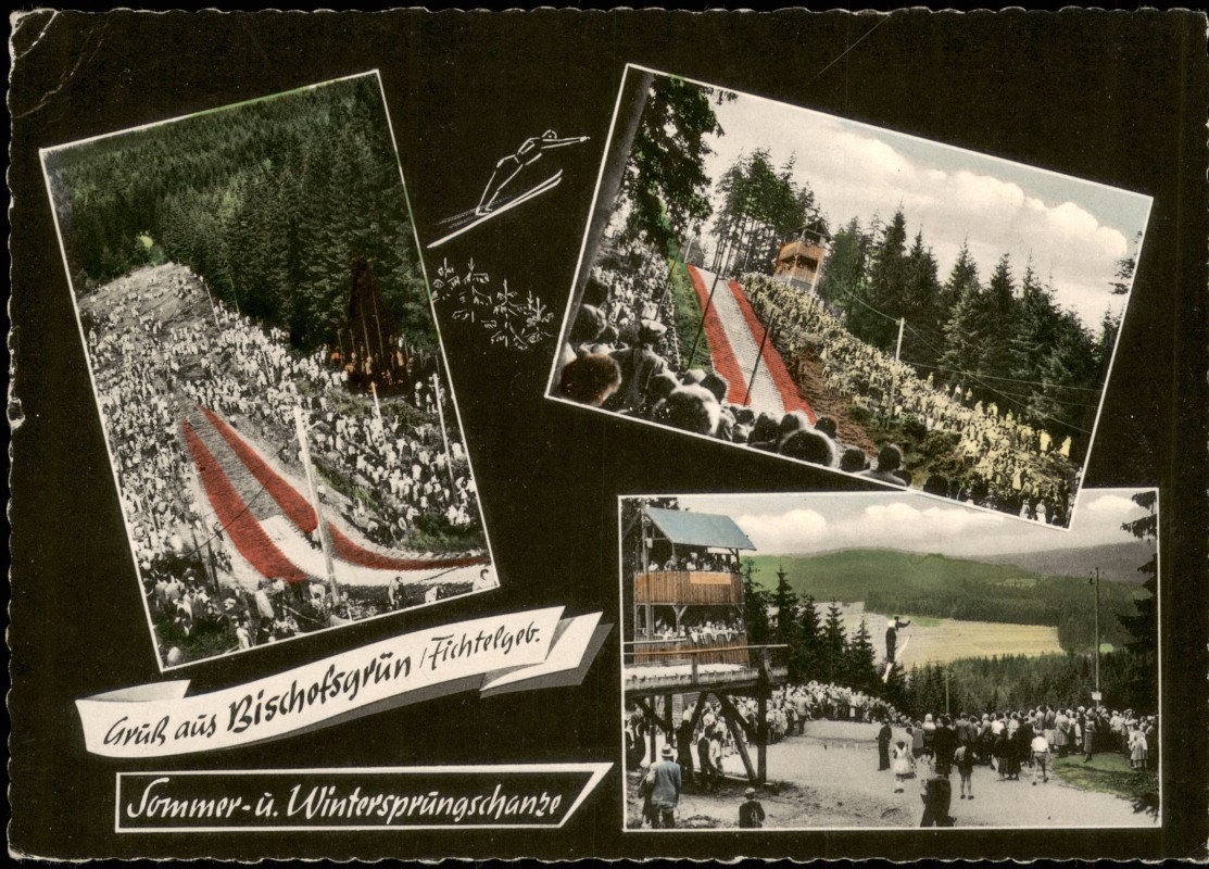 vintage Postcard from 1962: Mehrbildkarte mit Sprungschanze im Fichtelgebirge:: Bischofsgrün