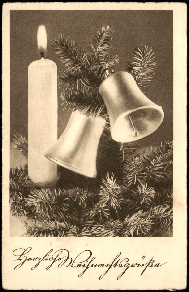 vintage Postcard from 1940: Weihnachten Christmas Grusskarte mit Tannenzweig, Kerze, Glocken:: 