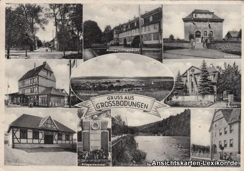 Mehrbild AK ua Bahnhof und Sparkasse :: Großbodungen :: Ansichtskarten