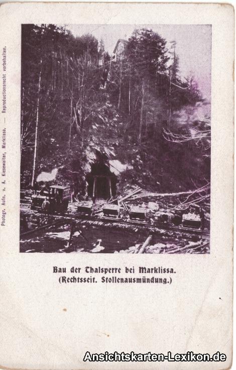 vintage Postcard from 1905: Bau der Talsperre (Rechtsseitig Stollenausmündung):: Leśna