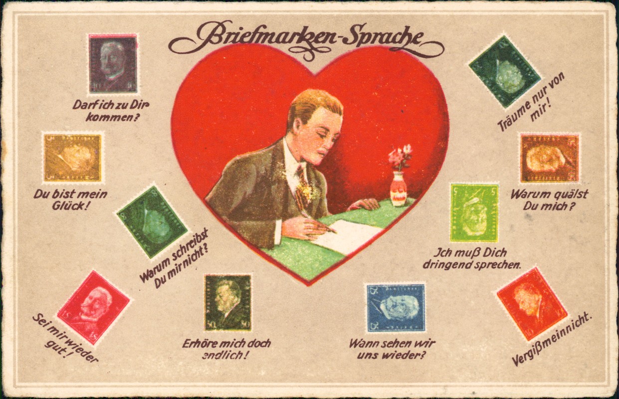 vintage Postcard from 1929: Briefmarken Sprache Ansichtskarte Herz Hidenburg:: 