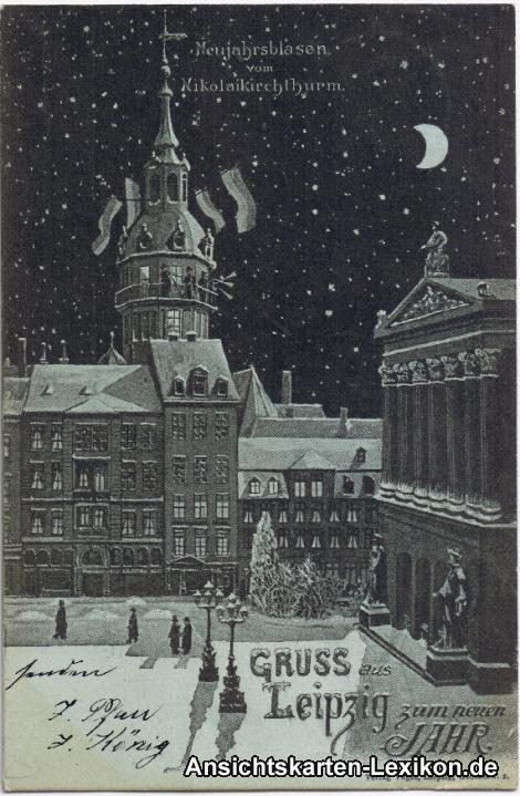 vintage Postcard from 1898: Litho Neujahrsblasen vom Niolaikirchturm:: Leipzig