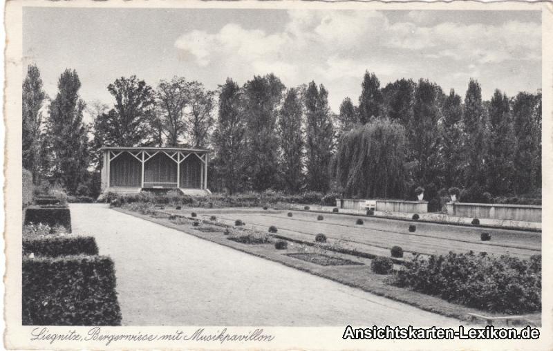 vintage Postcard from 1938: Bürgerwiese und Musikpavillon:: Legnica