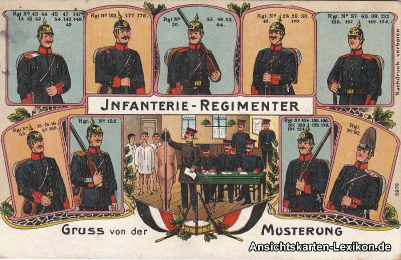vintage Postcard from 1914: Gruß von der Musterung - Infantrie Regimenter:: 