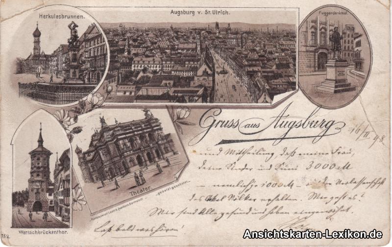 vintage Postcard from 1898: Mehrbildkarte: Wertachbrückenthor, Herkulesbrunnen, Ansicht v. St. Ulrich, Fuggerdenkmal, Theater:: Augsburg