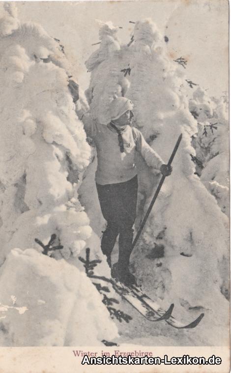vintage Postcard from 1907: Skifahrer - Winter im Erzgebirge:: Oberwiesenthal