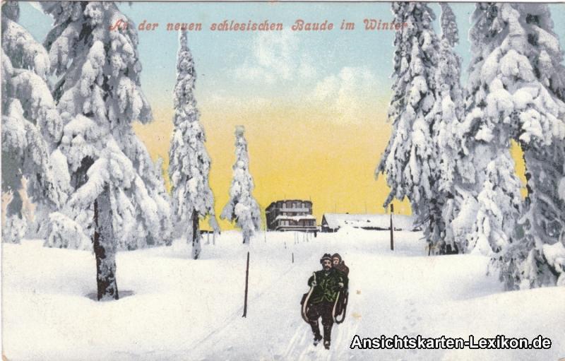 vintage Postcard from 1908: Schlittenfahrt an der schlesischen Baude:: Szklarska Poręba