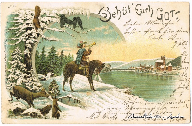 vintage Postcard from 1900: Winterlitho - Reiter und Stadt:: 