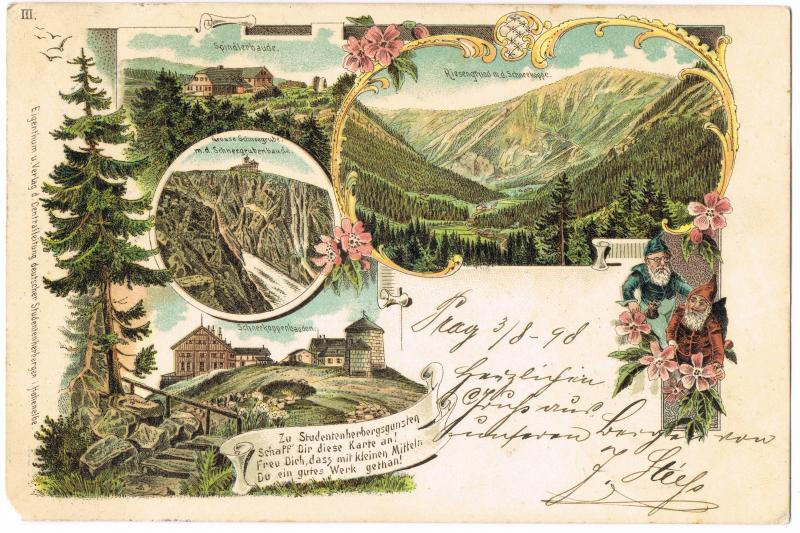 vintage Postcard from 1898: Litho AK:Zwerge, Schneekoppe, Schnegrubenbaude und Spindlerbaude:: 