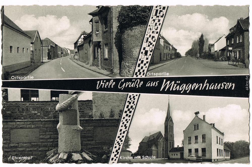 4 Bild Straßen, Ehrenmal und Kirche mit Schule Müggenhausen