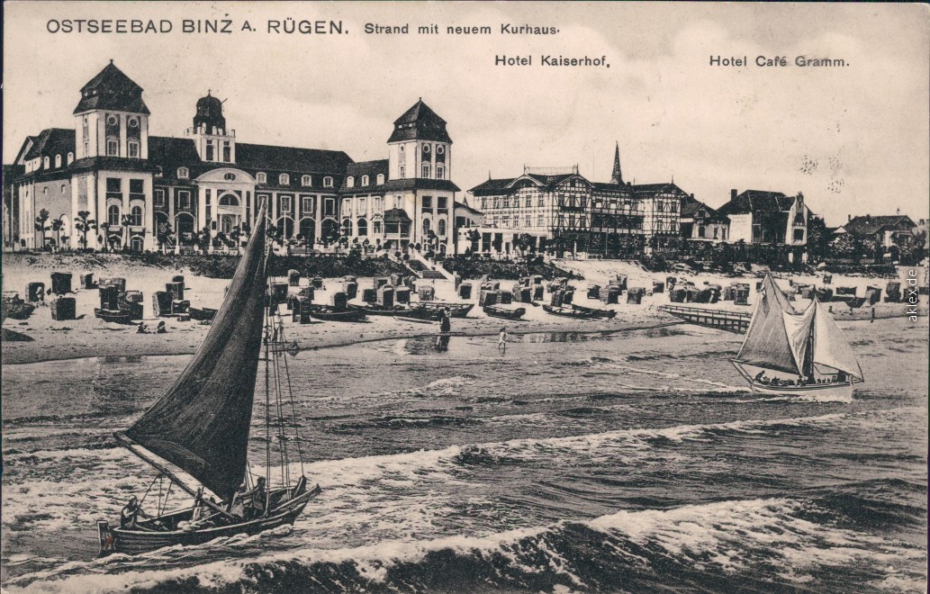 vintage Postcard from 1910: Hotel Kaiserhof, Hotel Cafe Grimm - Segelboote:: Binz (Rügen)